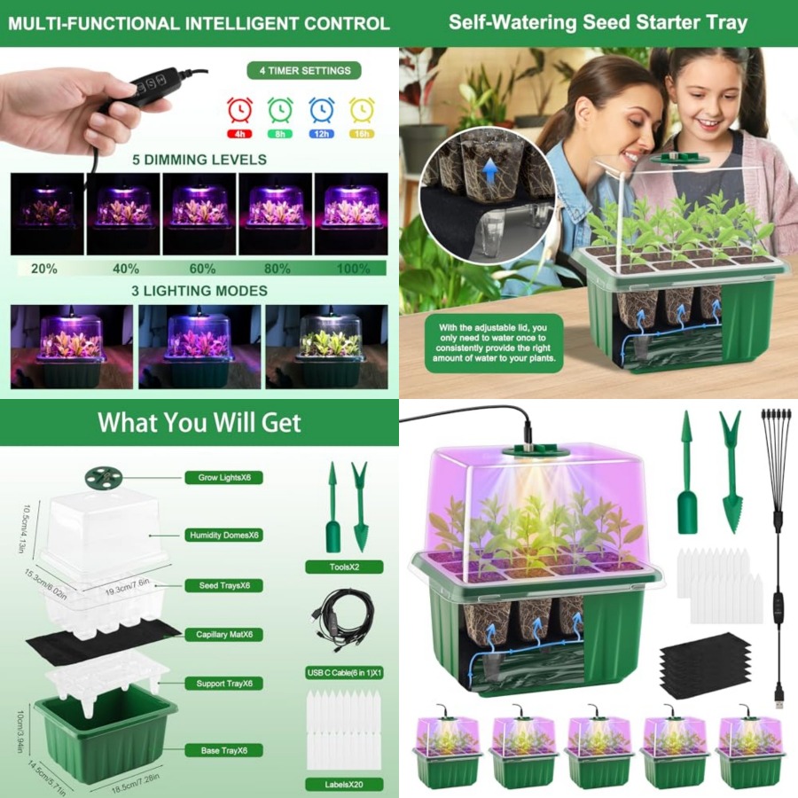 Seed Starter Tray - 조명이 있는 묘목 트레이, 6팩 식물