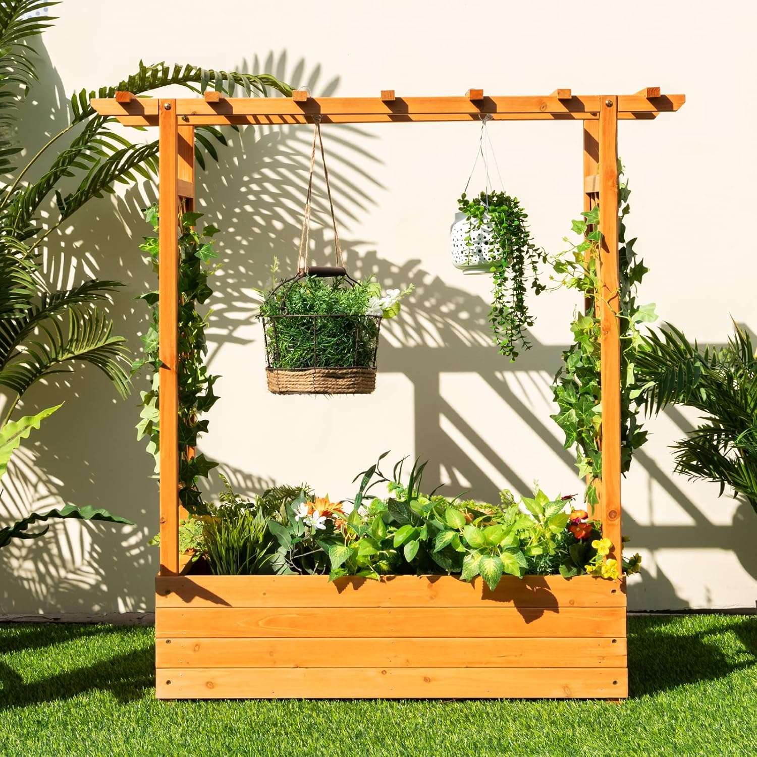 아치형 트렐리스와 걸이식 지붕이 있는 목재 재배용 화단 - Raised Garden Bed 리뷰 및 가격
